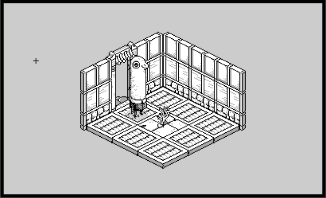 the game Oquonie in pixel-art style for the Uxn system, featuring a sauropod-like creature in a suit standing in a 3x3 room with tatami, the room is 'floating' in the void. In the center of the room, a small plant is growing between slabs of rock, its arms curling outward.