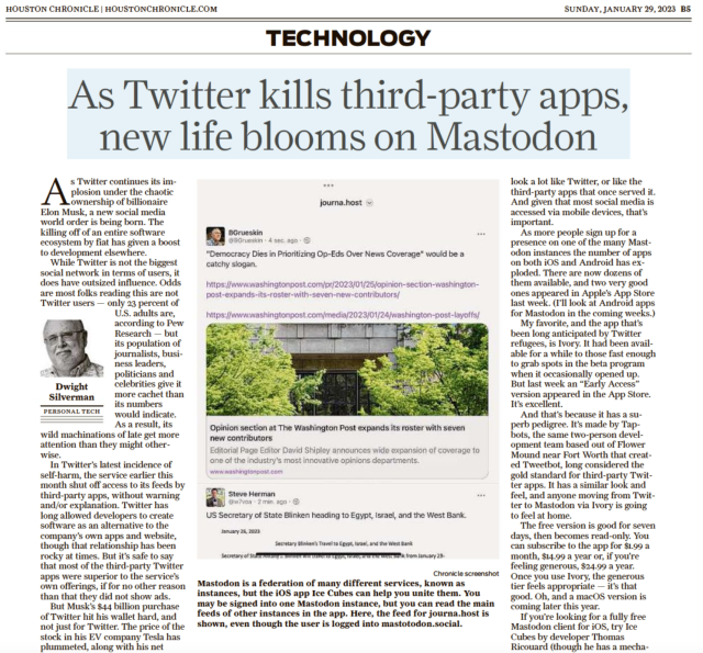 Screenshot of the print edition of the Houston Chronicle, showing personal tech columnist Dwight Silverman's piece on Mastodon apps. 
