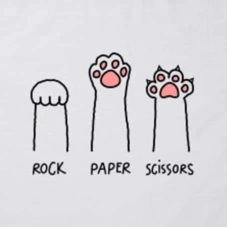 A drawing of three cat’s paws labeled with the words “rock”, “paper”, and “scissors. The rock one is like a fist. The paper one is flat and open. The scissors one shows CLAWS!