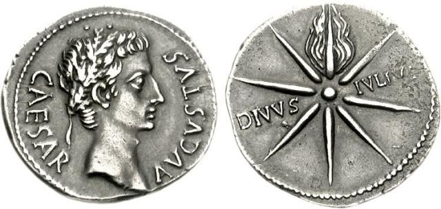 Augustus wearing the corona civica. Reverse side: "Depicts the comet which made a continuous daylight appearance during July 44 BCE, and was associated with the deification of Julius Caesar."