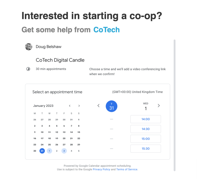 Screenshot of MVP 'CoTech Digital Candle' service.

Text reads:" Interested in starting a co-op? Get some help from CoTech"

Underneath is an embedded Google Calendar form.
