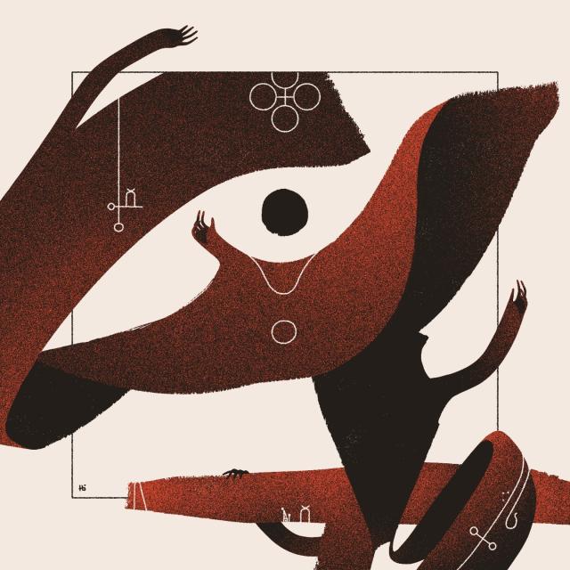 A convoluted red tangle of ribbon-like shapes and arms fills the frame. Near the center, a floating black orb resembles pupil of an eye, and white linework on the shapes form sigils. Some are the shape of arches, and a small Nōme can be spotted near the bottom.