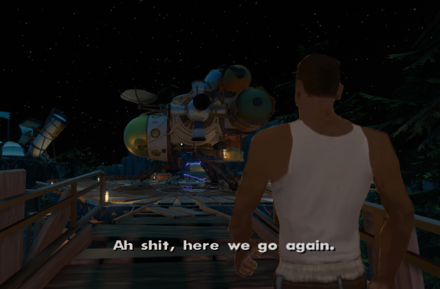 Meme based on a scene of Grand Theft Auto: San Andreas where Carl says "ah shit, here we go again", but replacing the street from the game with the Outer Wilds spaceship at the launch pad