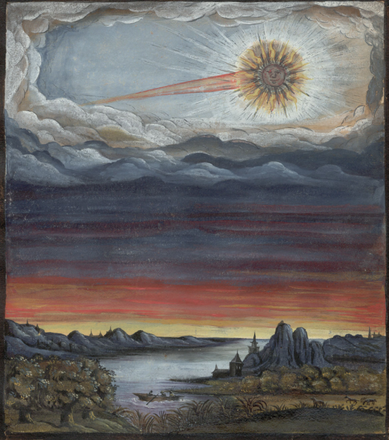 Comet Rosa (CC0, via Wikimedia Commons) as depicted in "The Comet Book," or "Comets and their General and Particular Meanings, According to Ptolomeé, Albumasar, Haly, Aliquind and other Astrologers." Published in 1587.