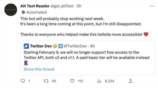 Alt Text Reader @get_altText This bot will probably stop working next week.
It's been a long time coming at this point, but I'm still disappointed.

Thanks to everyone who helped make this hellsite more accessible! ❤️