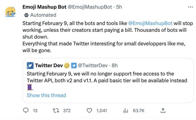 Emoji Mashup Bot
@EmojiMashupBot
Starting February 9, all the bots and tools like 
@EmojiMashupBot
 will stop working, unless their creators start paying a bill. Thousands of bots will shut down.
Everything that made Twitter interesting for small developpers like me, will be gone.