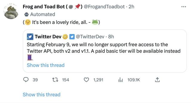 Frog and Toad Bot ( @ 📌)
@FrogandToadbot
(😔 It's been a lovely ride, all. - 🐸)