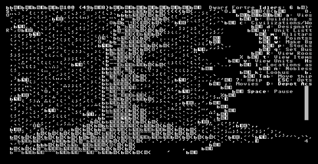 determ terminal showing an only slightly mangled version of dwarf fortress in text mode!