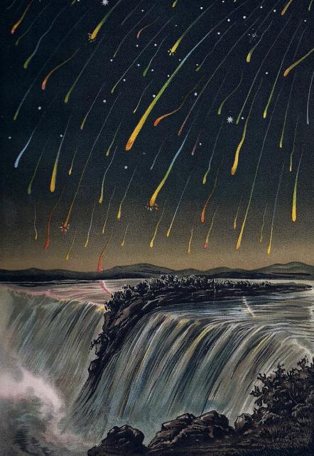 Leonid Meteor Storm 12-13th of November 1833. One of many wonderful illustrations in: "Atlante Astronomico," by Giovanni Celoria.