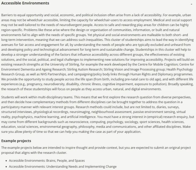 A description of the Accessible Environments cluster. The full text can be found at https://www.stir.ac.uk/research/research-degrees/institute-for-advanced-studies-studentships/healthy-living-and-ageing/