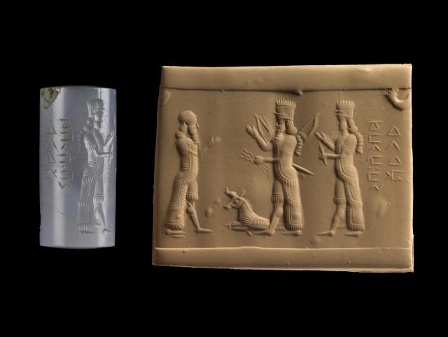 Thunderbolt symbol on a cylinder seal found in Ana, Iraq. 10thC BCE-6thC BCE.

"God and a Goddess who raise their right hands and hold, respectively, a thunderbolt and a spring of vegetation in their left hands."