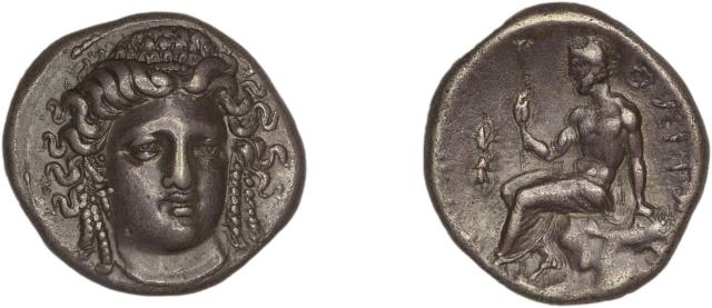 Coin showing thunderbolt symbol and a large "rock". Is Zeus sitting upon a large iron meteorite?