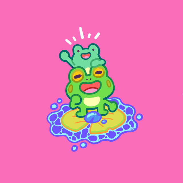 A doodle of two frog friends hanging out on a lily pad... One frog is bigger and standing on the lily pad, the second frog is smaller and standing the larger frog's back while waving at you...
