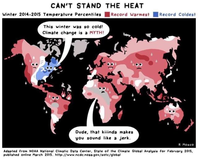 A 2015 comic by Rosemary Mosco. It shows a global map of record temperatures for the year based on NOAA data where most nations are hotter than average but a cold northeastern US doubts climate science.