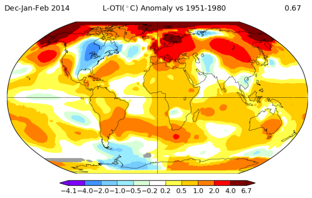 Global temperature anomaly map. Eastern North America, especially near Hudson Bay is colder than than the baseline, as well as Pakistan and a bit of northern Siberia. The rest of the planet, not so much. Pacific temps indicate a La Nina year, so overall, cooler than whatever.