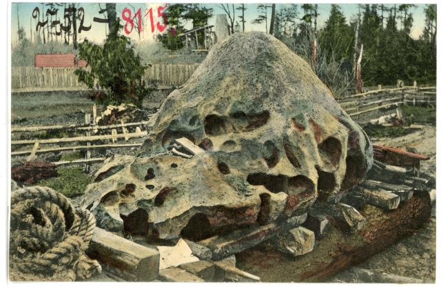 Meteorite discovered in Oregon City, 1902, now know as the Willamette Meteorite. Postcard from 1906.

Brück & Sohn Kunstverlag Meißen, CC0, via Wikimedia Commons.