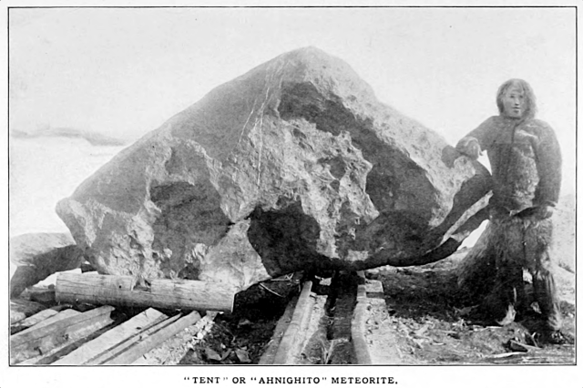 The "Saviksue" or Cape York Meteorite, used by locals for centuries, shown to Peary in 1894. The main mass was renamed Ahnighito by Peary (it was also called the "Tent"). Other pieces include the Woman and the Dog.

Photograph in Part 5 of "Northward Over the Great Ice," Volume 2 by Robert E. Peary (1898). 