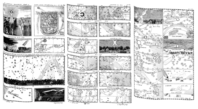 depicted here are some of the comets seen in the common era (not sure if Gregorian or Julian calendar): 0 CE (Stella Magorum), 68/69, 367, 405 (399/400), 457, 594, 677, 729, 829, 837, 838, 1000, 1005, 1009, 1039, 1066, 1092, 1097, 1098, 1106, 1107, 1172, 1180.

Theatrum Cometarum (1668) by Stanisław Lubieniecki.