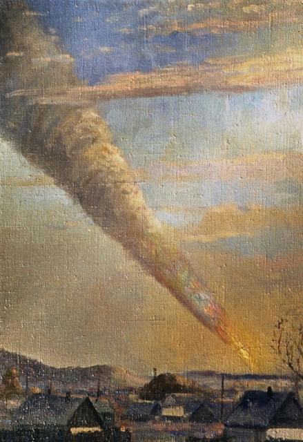 The fall of the Sikhote-Alin meteorite on February 12, 1947, 10:38 AM, Iman, Primorsky Territory; as seen by P. Medvedev, a good painter and an eyewitness to this event.