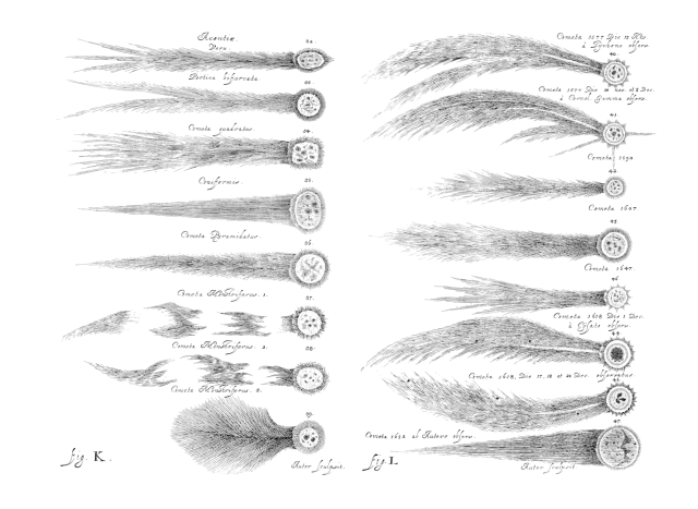 Various comets from two tables in Cometographia (1668) by Jan Heweliusz (Johannes Hevelius). 