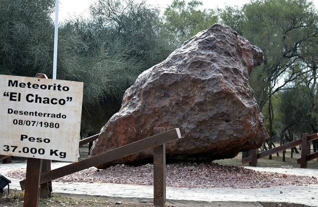 Campo del Cielo meteorites are the remnants of a large object that exploded over northern Argentina a long time ago (4 to 5 thousand years ago). First reported in 1576, fragments have been uncovered over the years.

This fragment is called "El Chaco." Carlos Zito, CC BY-SA 3.0, via Wikimedia Commons.