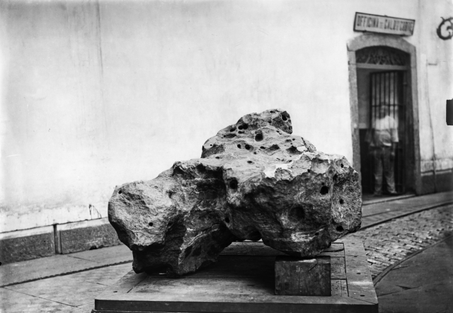 Photo of the Bendegó (Bahia, Brazil) meteorite circa 1888 when it was taken to the museum.

Marc Ferrez, Public domain, via Wikimedia Commons.