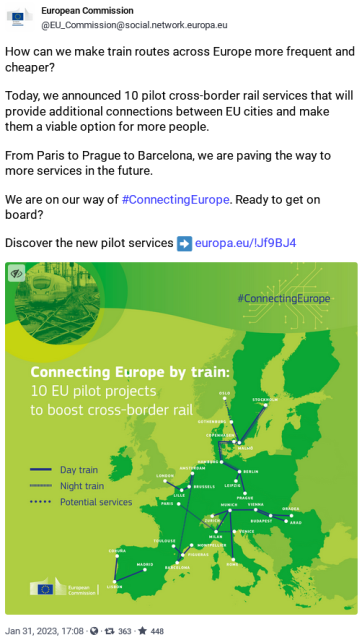 screenshot of a post by the EC on Mastodon about new trains. It has 363 boosts
