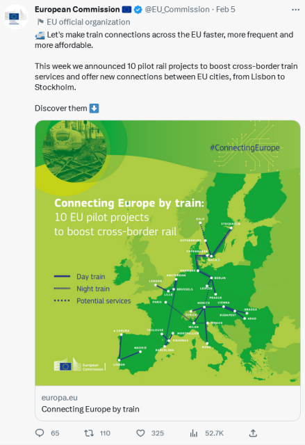 screenshot of a post by the EC on Twitter about new trains. It has 110 retweets