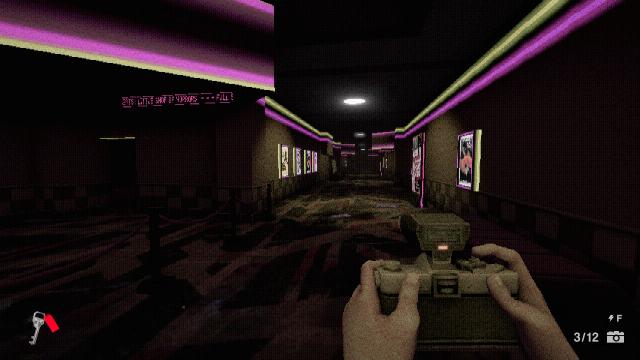 Interior Worlds screenshot showing the player holding a camera in a spooky hallway