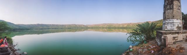 Panorama view of Lonar Crater Lake impact site from the temple at the water's edge.