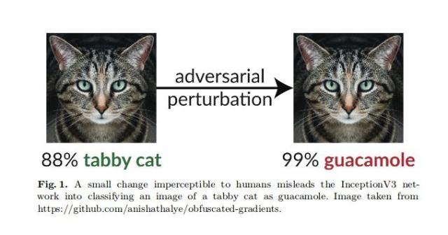 Two, seemingly identical images of a cat, with an arrow from one to the other, described as "adversarial perturbation".

Images are captioned:
88% tabby cat
99% guacamole

Caption:

Fig. 1. A small change imperceptible to humans misleads the InceptionV3 network into classifying an image of a tabby cat as guacamole. Image taken from https://github.com/anishathalye/obfuscated-gradients