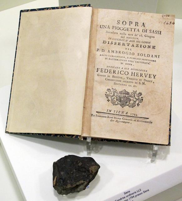 A Siena meteorite and a copy of Soldani's dissertation.

At 7 p.m. on June 16, 1794 many stones fell near Siena, Italy.