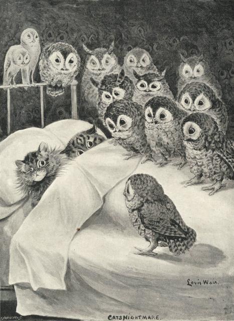 black & white illustration of two cats in bed surrounded by a large group of owls staring them down