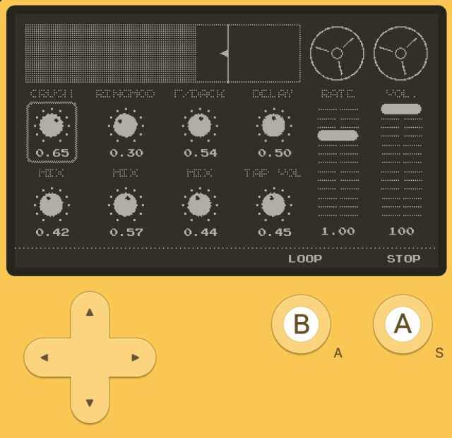 A Playdate monochrome screen showing lots of rotary knobs for various fx settings, two sliders, one for master volume and another for pitch, as well as the loop ui.