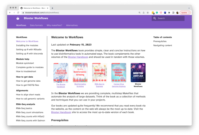 Home page view.

The Biostar Workflows book provides simple, clear and concise instructions on how to use bioinformatics tools in automated ways. 