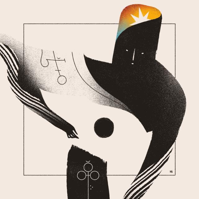 A large black and white entity hovers over a sphere and sigils, forming a kind of eye shape. A star and bright colors radiate from their crown.