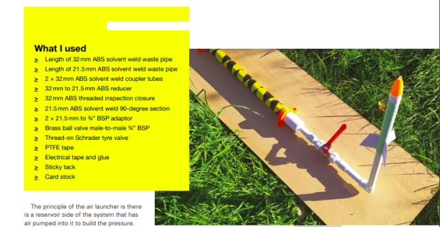 Screenshot of the magazine article. On the left is a yellow box listing materials used to make the air powered rocket launcher, on the right is a photo of the rocket launcher and LED rocket. 