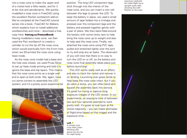 Screenshot from the magazine with a text excerpt. There is a ling exposure photo on the right hand side and you can see streaks of light from the rockets nosecone. 