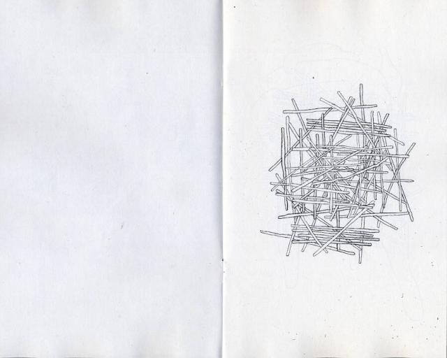 many thin pieces of wood lie on top of each other. Drawing.