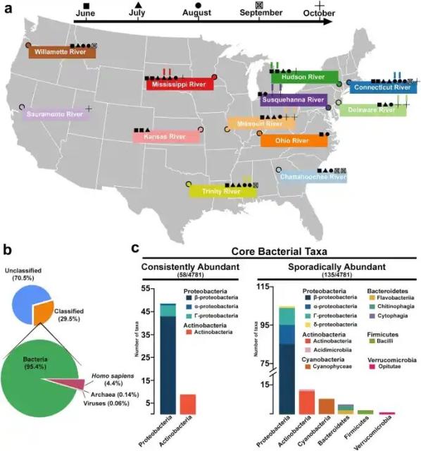 Characterisation of bacterial community composition across major US rivers, including Cyanobacteria taxa during bloom events - see article in post for details.