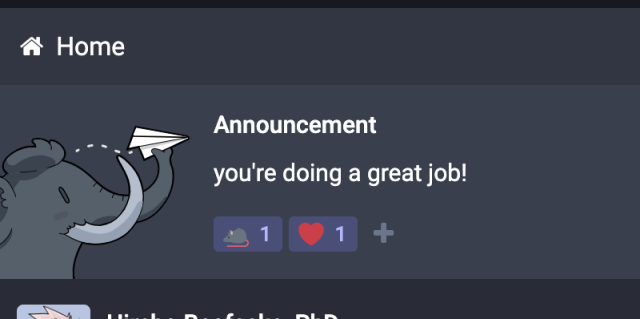 mastodon announcement that says "you're doing a great job!" it has a rat and heart reaction emoji