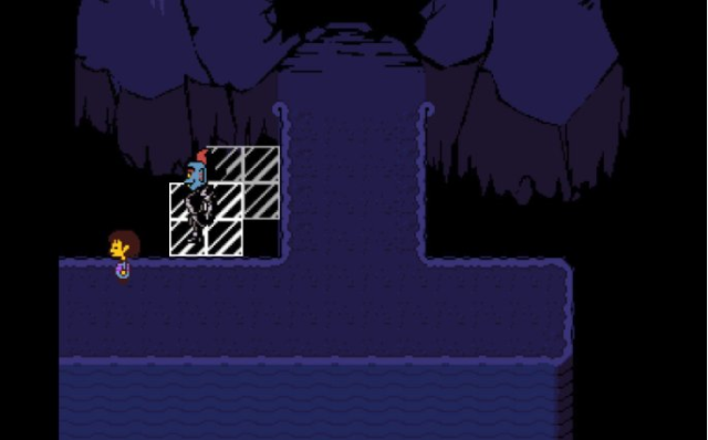 Undertale image of NPC walking on top of magic transparent glass tiles.