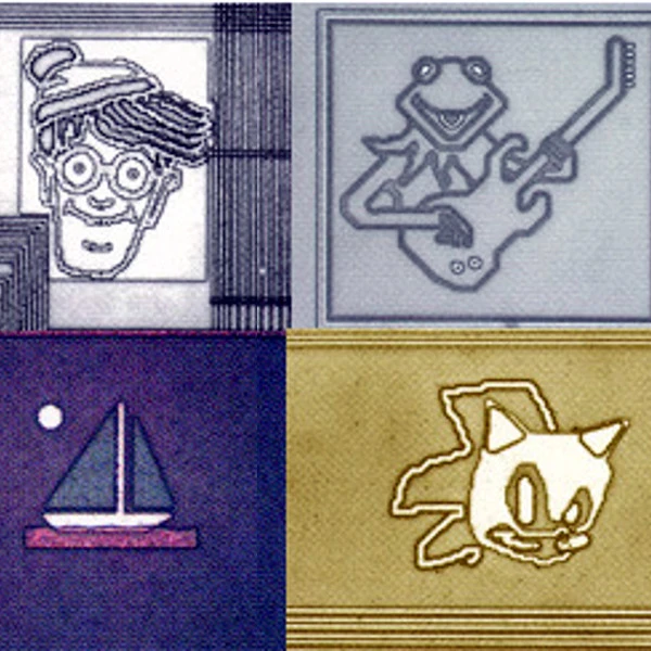 A quadrant of images taken through a microscope of tiny and somewhat crude line drawings embedded in silicon computer chips. These include Waldo, kermit the frog playing guitar, a sailboat, and sonic the hedgehog