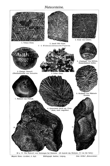 1. Toluca Iron. Widmanstätten.
2. Jewell Hill Iron. Widmanstätten.
3. Iron from Lenarto. Widmanstätten.
4. Glassy Meteorite (Obsidian bomb) from Australia.
5. Pallas Iron.
6. "Glass-ball" from Billiton, Dutch-India.
7. Meteorite from Pultusk.
8. Cross-section of a chondrule, greatly enlarged.
9. Moldawit from Moravský Krumlov.
10 and 11. A Meteorite from the stone rain by Stannern.