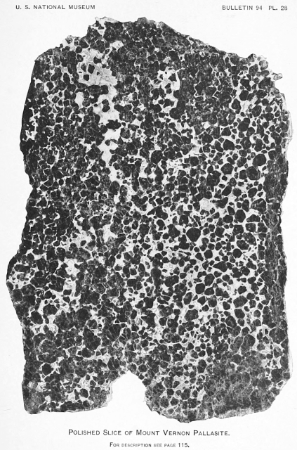 Polished Slice of Mount Vernon Pallasite.

Plate 28 from United States National Museum, Bulletin 94: Handbook and Descriptive Catalogue of the Meteorite Collections in the United States National Museum by George P. Merrill. (1916)