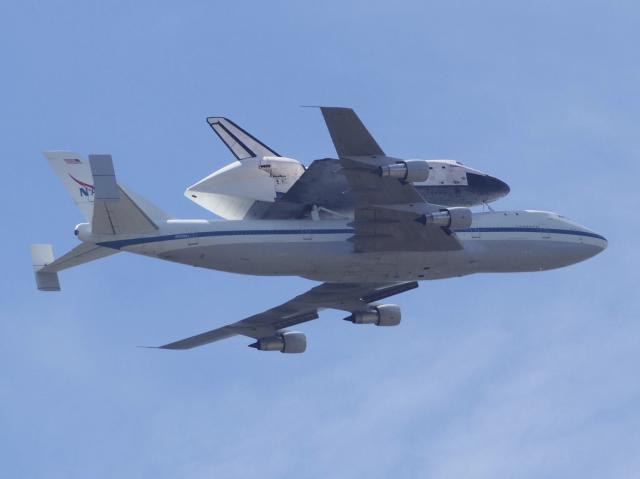 Space Shuttle Endeavor on a NASA Shuttle Carrier Aircraft, flying loud and low over JPL in Pasadena. September 21, 2012.