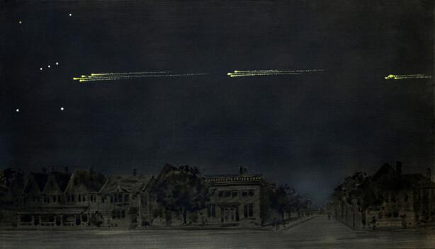 Painting of the Great Meteor Procession of 1913 (February 9, 1913) by the Canadian artist Gustav Hahn (1866-1962). Gustav was the son of the same Otto Hahn who published the works on meteorites.