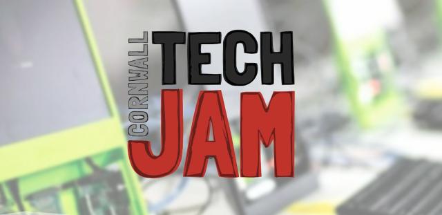Logo for the event with "tech jam" written large in red and black and a smaller "cornwall" written on it's side