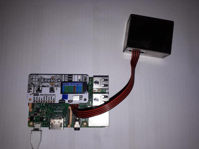 A Raspberry Pi 3B with added Pimoroni EnviroPlus environmental monitoring HAT
