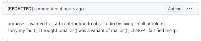 Screenshot of GitHub comment admitting that their pull request was invalid due to them using ChatGPT to generate it.